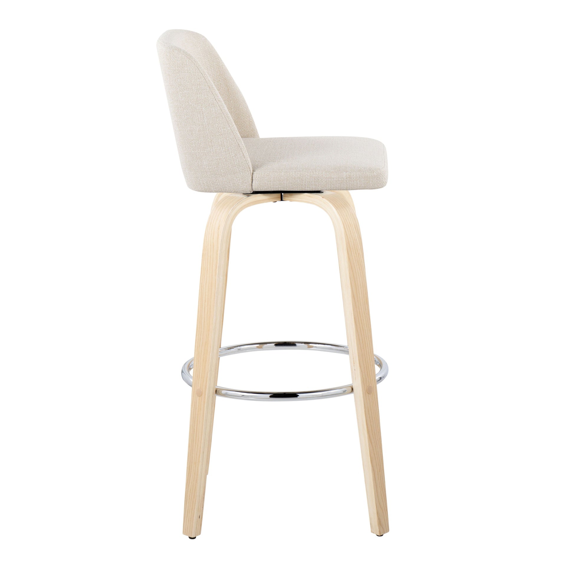 Toriano 30" Contemporary Fixed-Height Barstool with Swivel in Natural Wood and Cream Noise Fabric with Round Chrome Metal Footrest by LumiSource - Set of 2