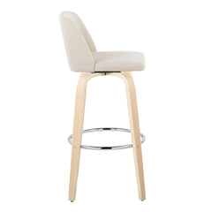 Toriano 30" Contemporary Fixed-Height Barstool with Swivel in Natural Wood and Cream Noise Fabric with Round Chrome Metal Footrest by LumiSource - Set of 2