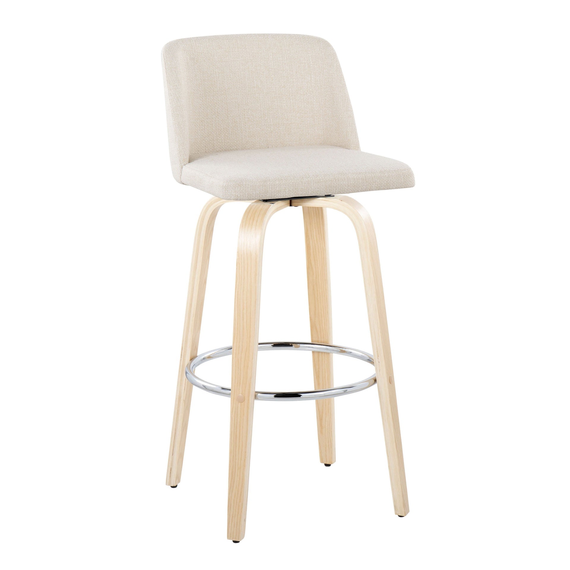 Toriano 30" Contemporary Fixed-Height Barstool with Swivel in Natural Wood and Cream Noise Fabric with Round Chrome Metal Footrest by LumiSource - Set of 2