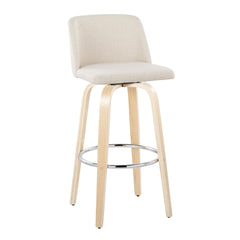 Toriano 30" Contemporary Fixed-Height Barstool with Swivel in Natural Wood and Cream Noise Fabric with Round Chrome Metal Footrest by LumiSource - Set of 2