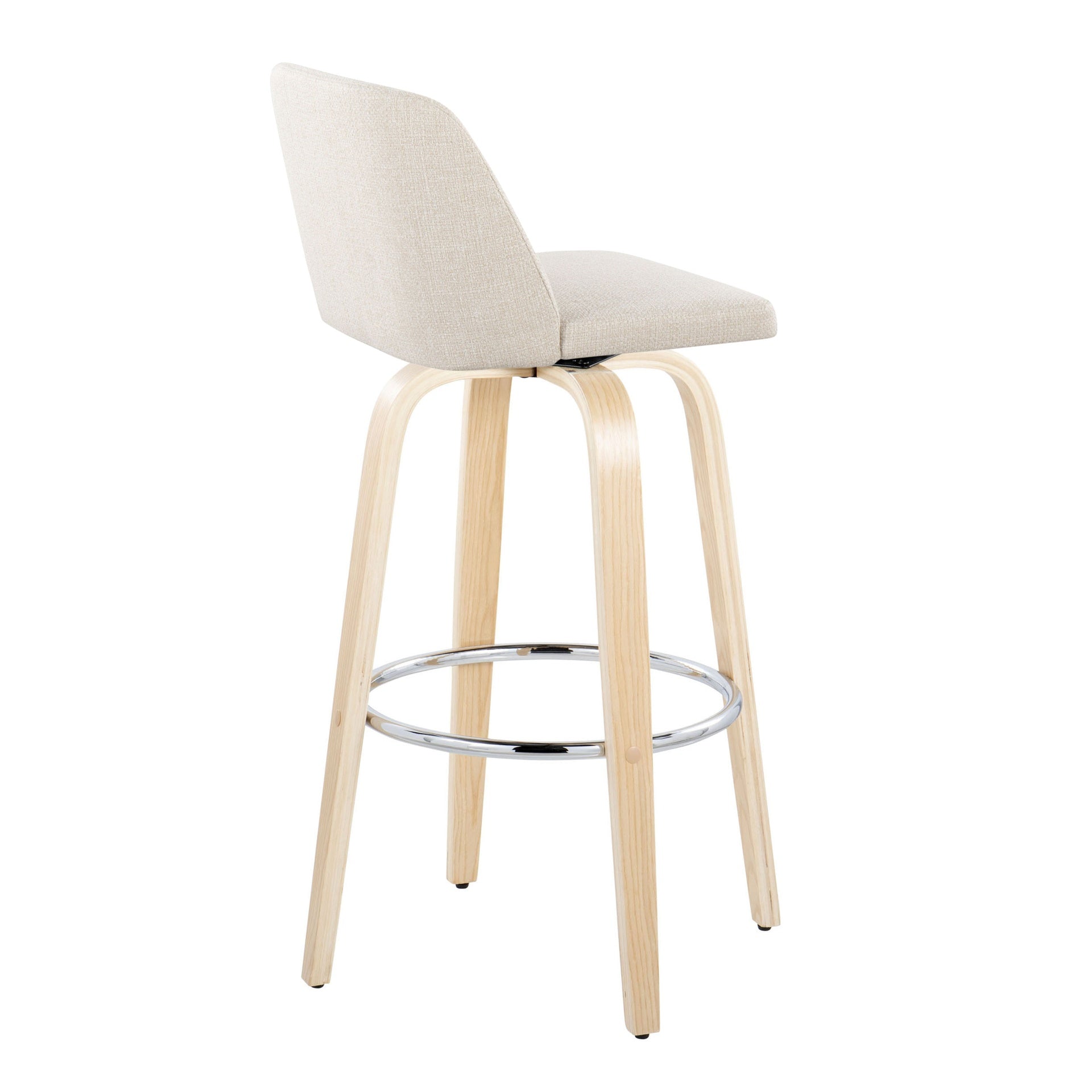 Toriano 30" Contemporary Fixed-Height Barstool with Swivel in Natural Wood and Cream Noise Fabric with Round Chrome Metal Footrest by LumiSource - Set of 2