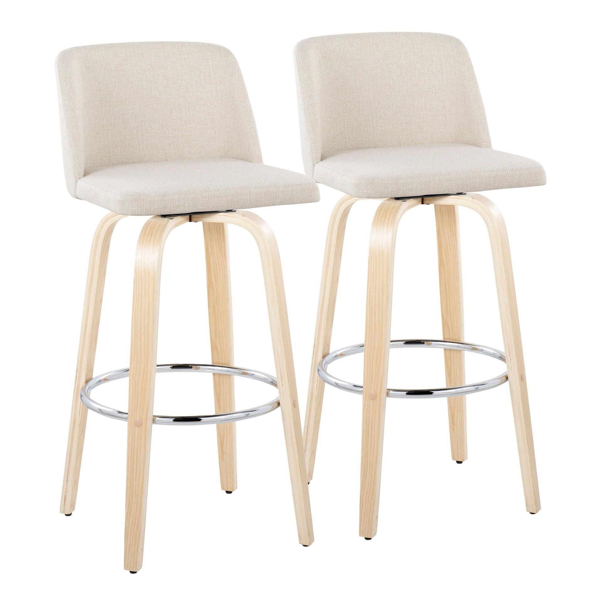 Toriano 30" Contemporary Fixed-Height Barstool with Swivel in Natural Wood and Cream Noise Fabric with Round Chrome Metal Footrest by LumiSource - Set of 2