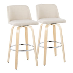 Toriano 30" Contemporary Fixed-Height Barstool with Swivel in Natural Wood and Cream Noise Fabric with Round Chrome Metal Footrest by LumiSource - Set of 2