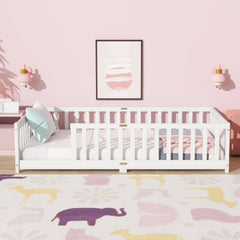 Twin Size Floor Bed with Fence without Door, Rubber Wood Floor Bed with Safety Guardrails,White