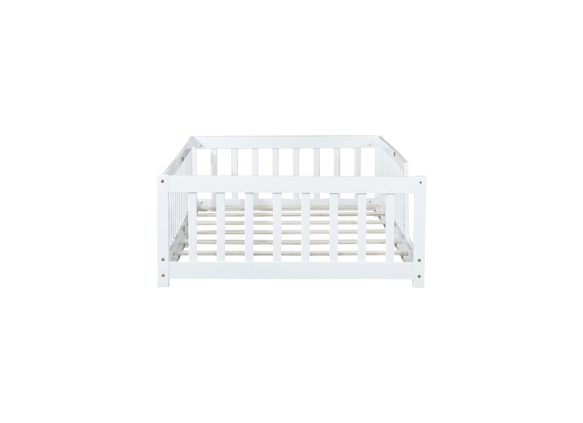 Twin Size Floor Bed with Fence without Door, Rubber Wood Floor Bed with Safety Guardrails,White