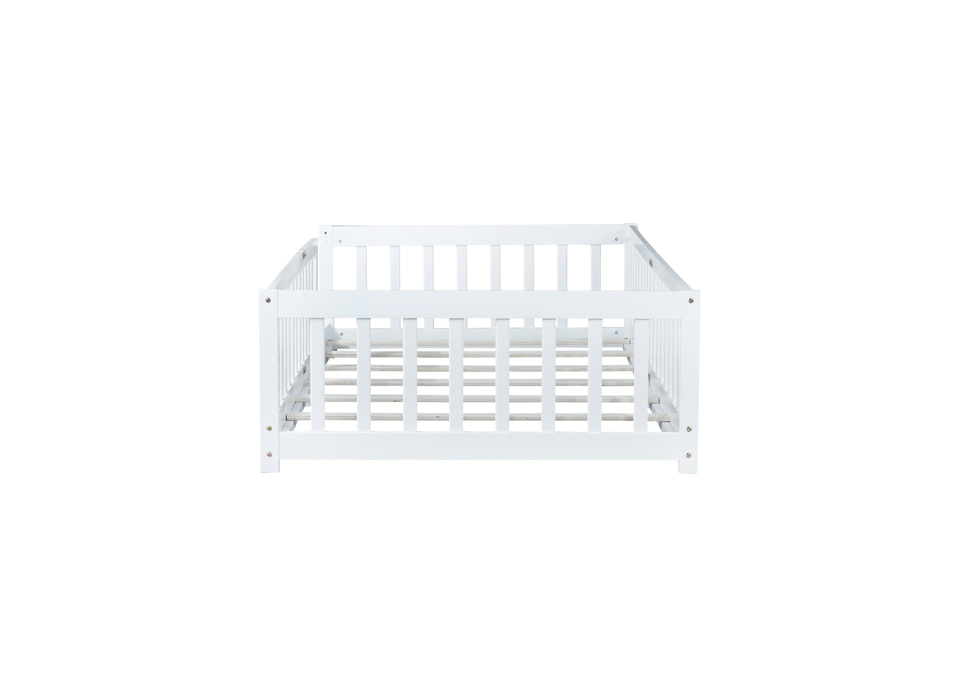 Twin Size Floor Bed with Fence without Door, Rubber Wood Floor Bed with Safety Guardrails,White
