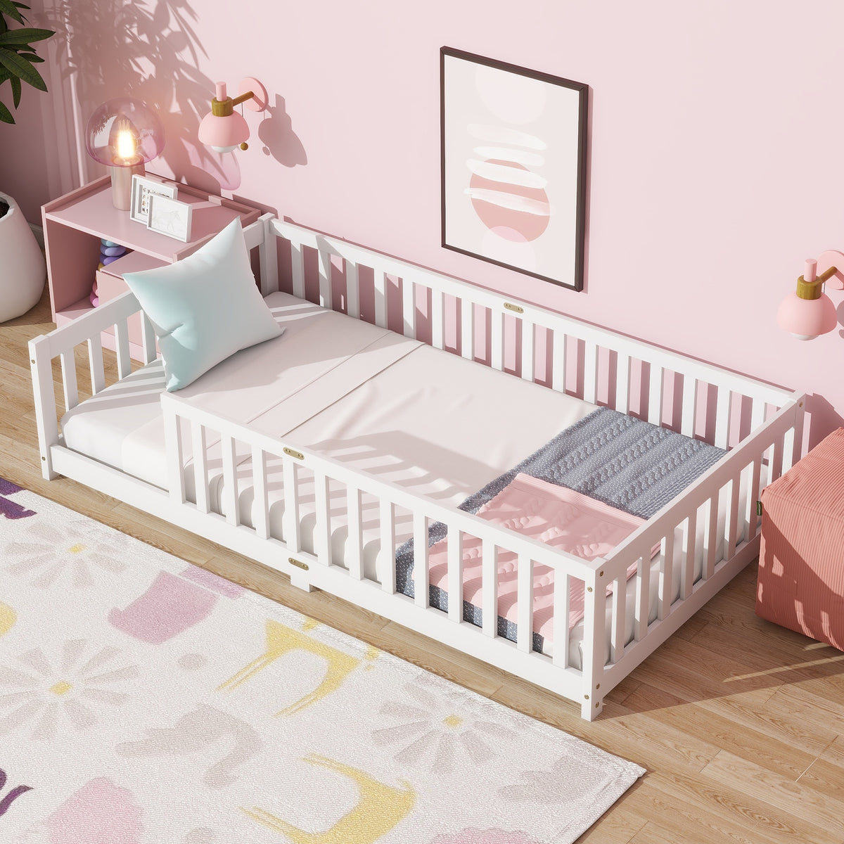 Twin Size Floor Bed with Fence without Door, Rubber Wood Floor Bed with Safety Guardrails,White