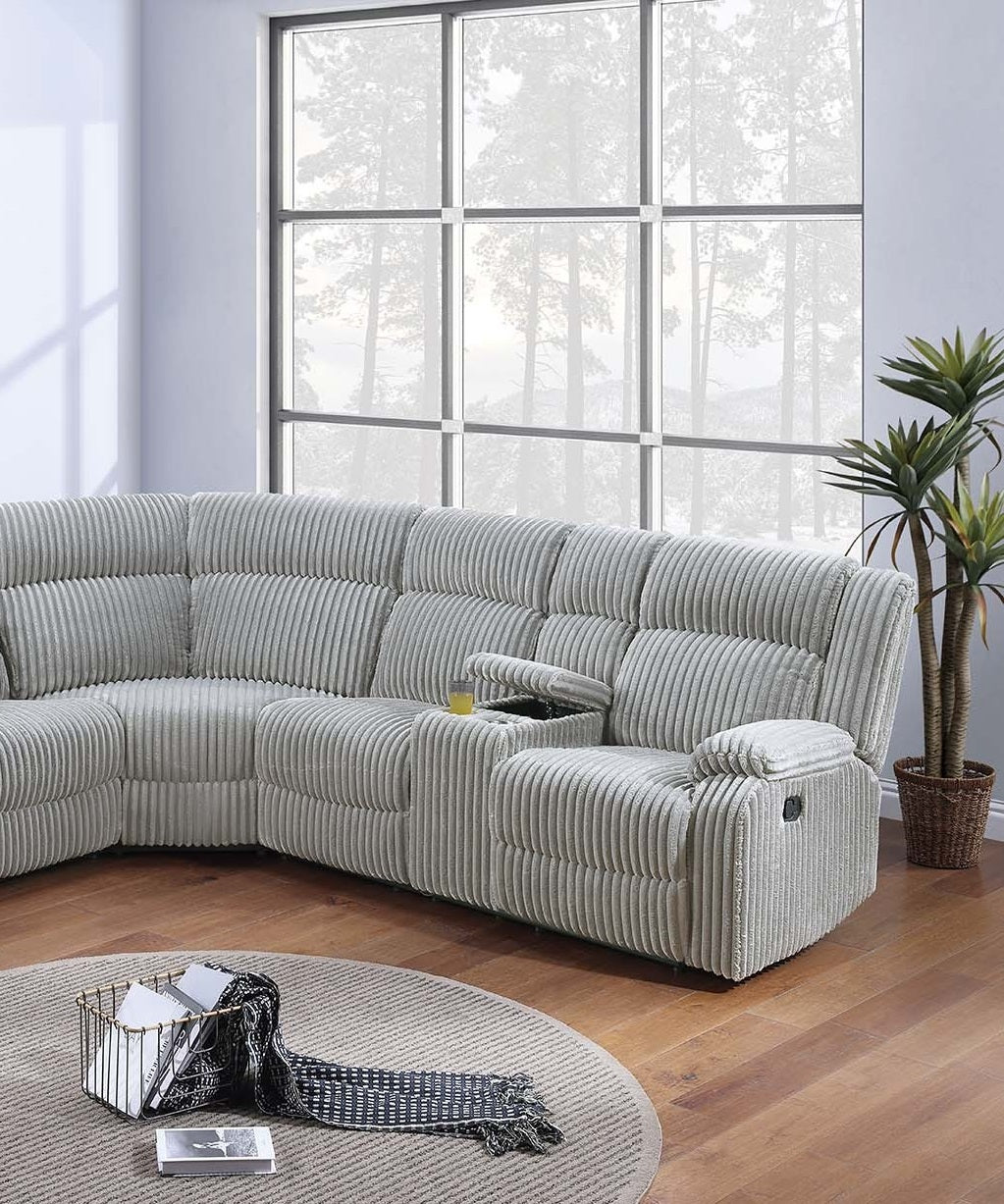 Sectional Sofa w Console Cup Holder 3pc Set Ash Color Luxurious Upholstered Fur Like Corduroy Living Room Couch Motion Reclining
