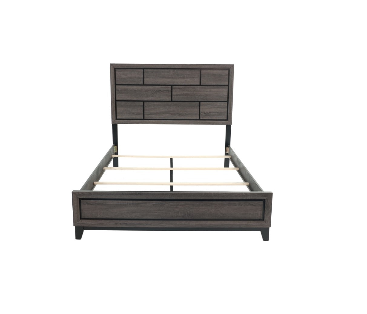 Grey Finish 1pc Queen Size Panel Bed Beautiful Wooden Bedroom Furniture Box Design Headboard FB Rubber wood Paper veneer
