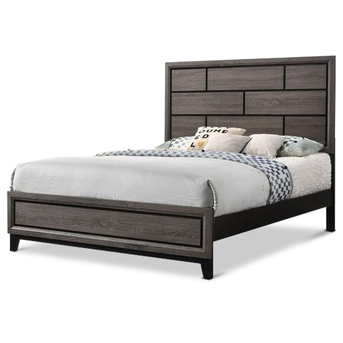 Grey Finish 1pc Queen Size Panel Bed Beautiful Wooden Bedroom Furniture Box Design Headboard FB Rubber wood Paper veneer