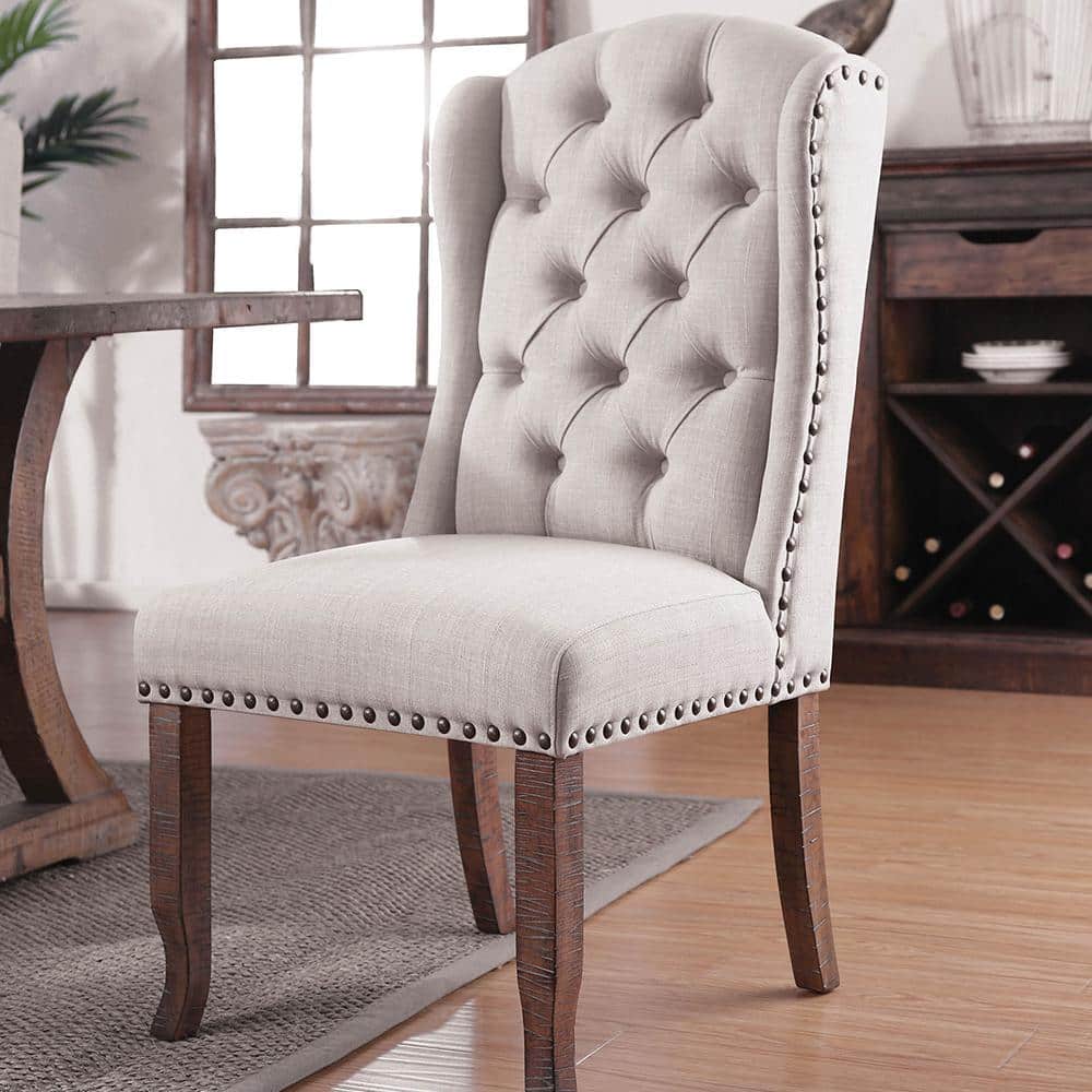 Contemporary Ivory / Beige Fabric 2pcs Side Chairs Tufted Wingback Design Rustic Oak Solidwood Back Dining Chairs Furniture