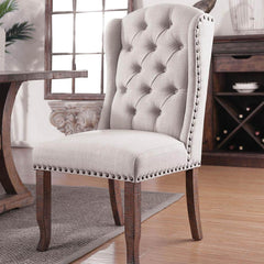 Contemporary Ivory / Beige Fabric 2pcs Side Chairs Tufted Wingback Design Rustic Oak Solidwood Back Dining Chairs Furniture