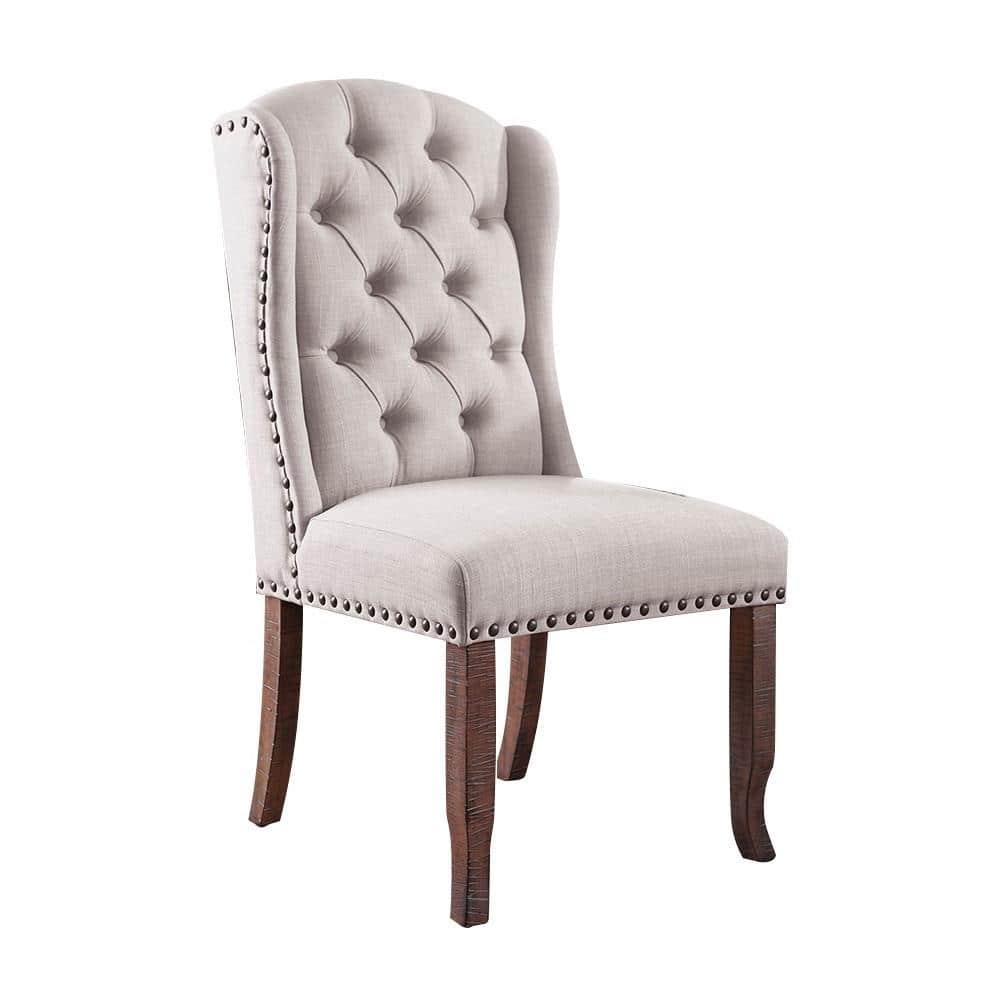 Contemporary Ivory / Beige Fabric 2pcs Side Chairs Tufted Wingback Design Rustic Oak Solidwood Back Dining Chairs Furniture