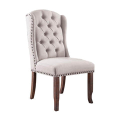 Contemporary Ivory / Beige Fabric 2pcs Side Chairs Tufted Wingback Design Rustic Oak Solidwood Back Dining Chairs Furniture