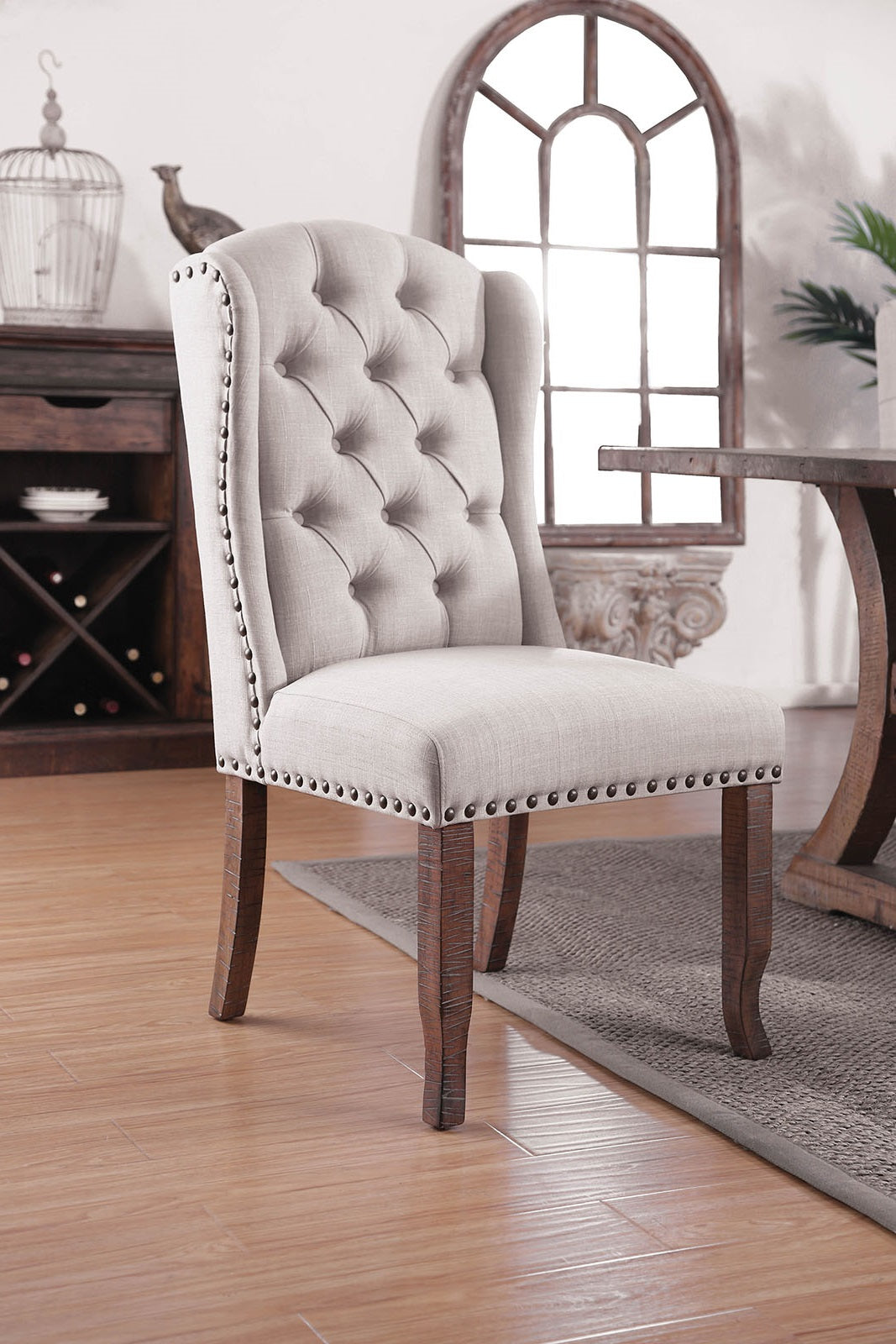 Contemporary Ivory / Beige Fabric 2pcs Side Chairs Tufted Wingback Design Rustic Oak Solidwood Back Dining Chairs Furniture