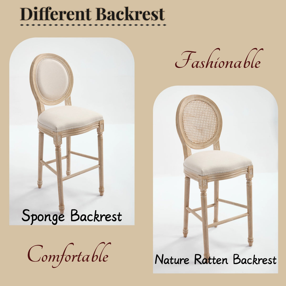 French Country 30'' Height Bar Chairs Set of 2, Upholstered  Chairs with  Round Back, Wire drawing and carving techniques ,Disassemblable ,  for Living Room, Kitchen , Restaurant Use, Beige