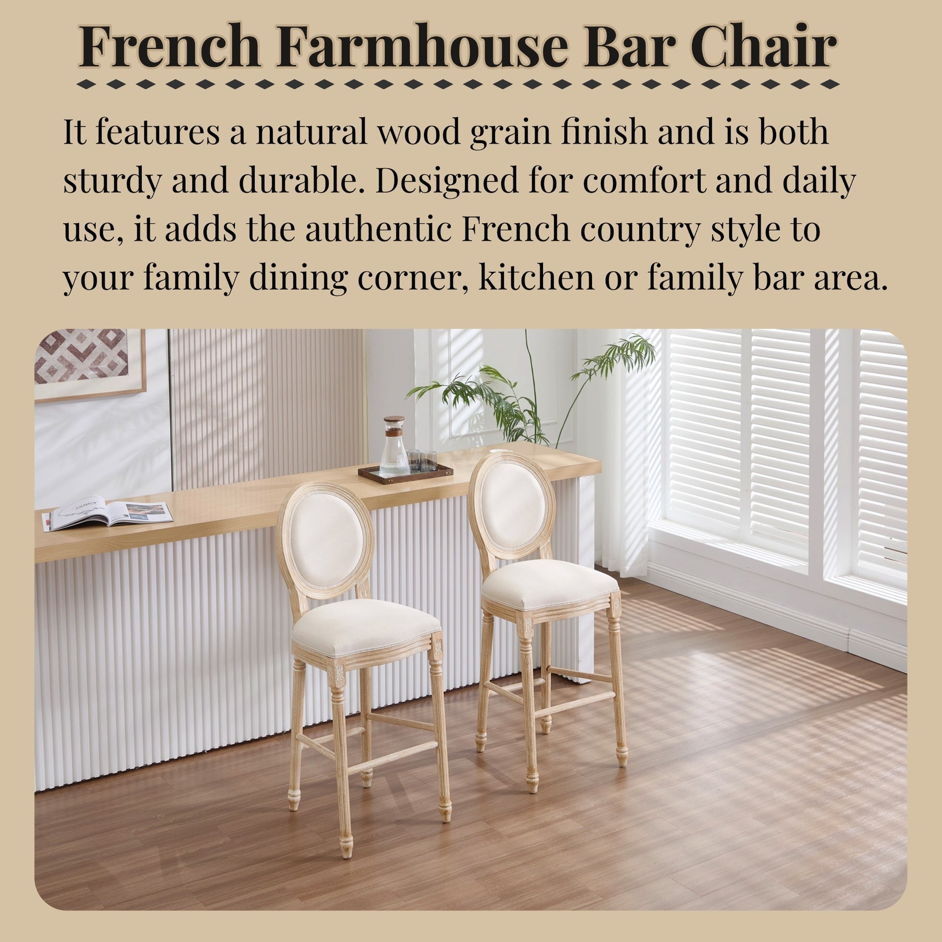 French Country 30'' Height Bar Chairs Set of 2, Upholstered  Chairs with  Round Back, Wire drawing and carving techniques ,Disassemblable ,  for Living Room, Kitchen , Restaurant Use, Beige