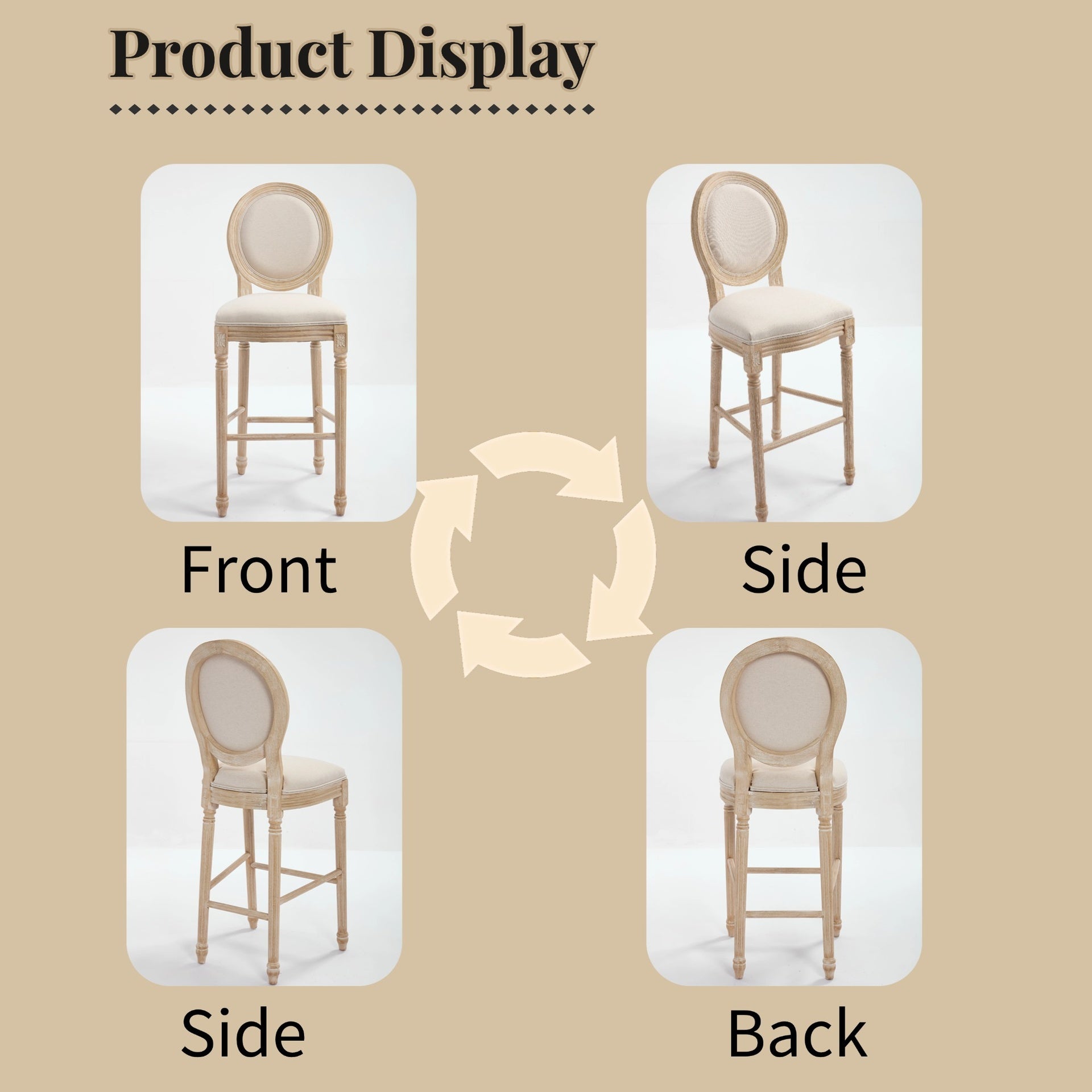 French Country 30'' Height Bar Chairs Set of 2, Upholstered  Chairs with  Round Back, Wire drawing and carving techniques ,Disassemblable ,  for Living Room, Kitchen , Restaurant Use, Beige