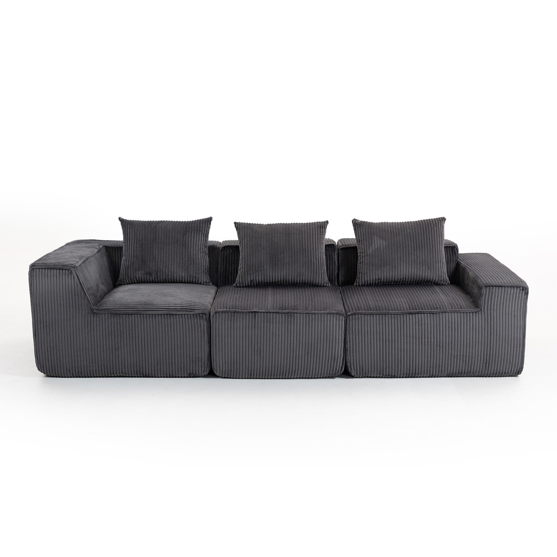 Modular Corduroy Sectional Sofa, 3-Seat All-Foam Compressed Couch, Deep Seating Low-Profile, Dark Gray, 111.4" W x 40.7" D x 23.6" H. 33005-3