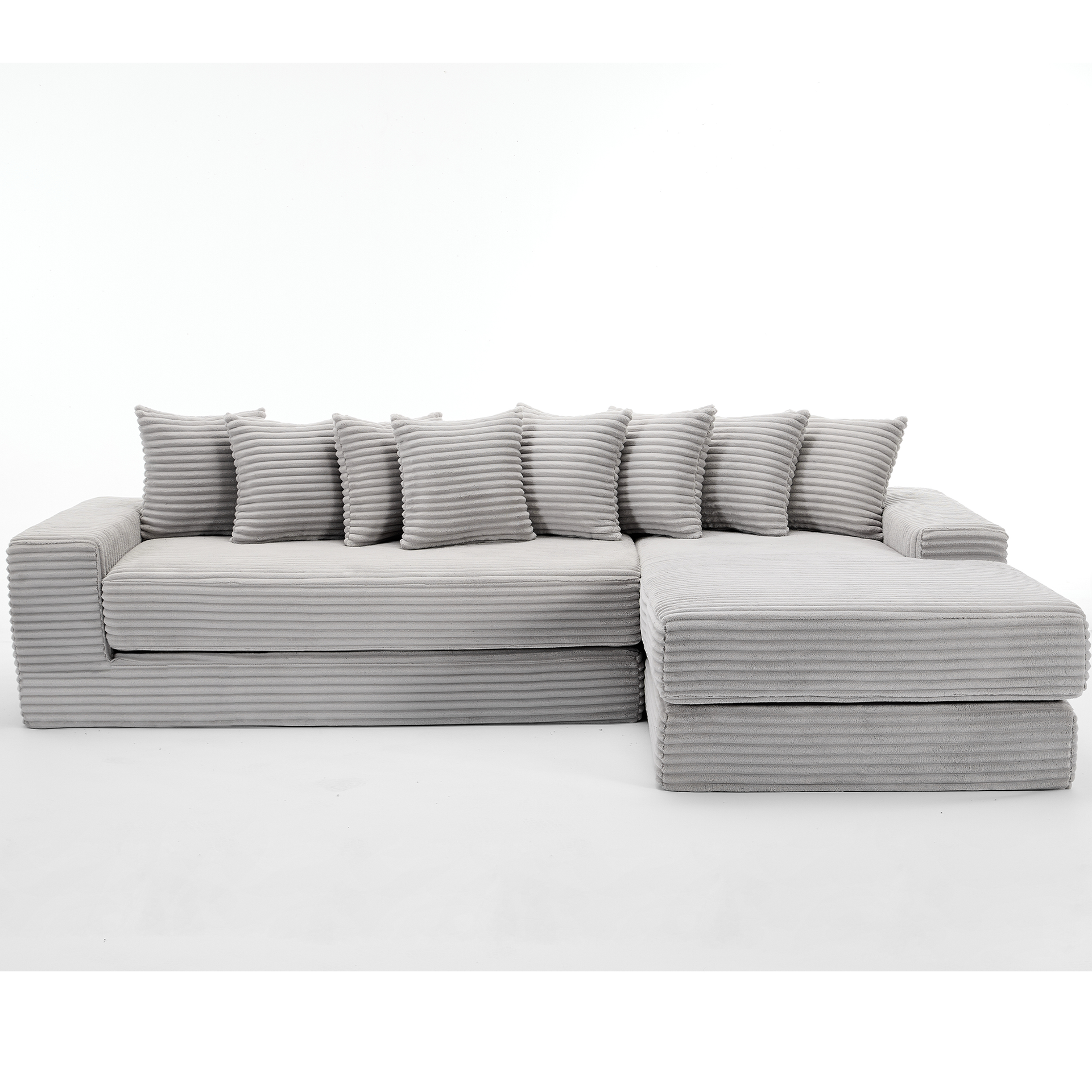 Oversize Cloud Couch, L-Shape Sofa, Convertible Floor Sleeper Sofa Bed, No Assembly ,Eight pillows,3-in-1,Magazine bag,(Right Facing Sofa),Corduroy,Light Gray