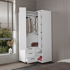 White Armoire Wardrobe with Open Storage and 2 Drawers