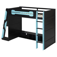 Twin Size Wood Loft Bed with Desk, Multi-storage Shelves and RGB Light, Cloud Blue