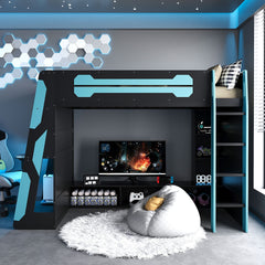 Twin Size Wood Loft Bed with Desk, Multi-storage Shelves and RGB Light, Cloud Blue