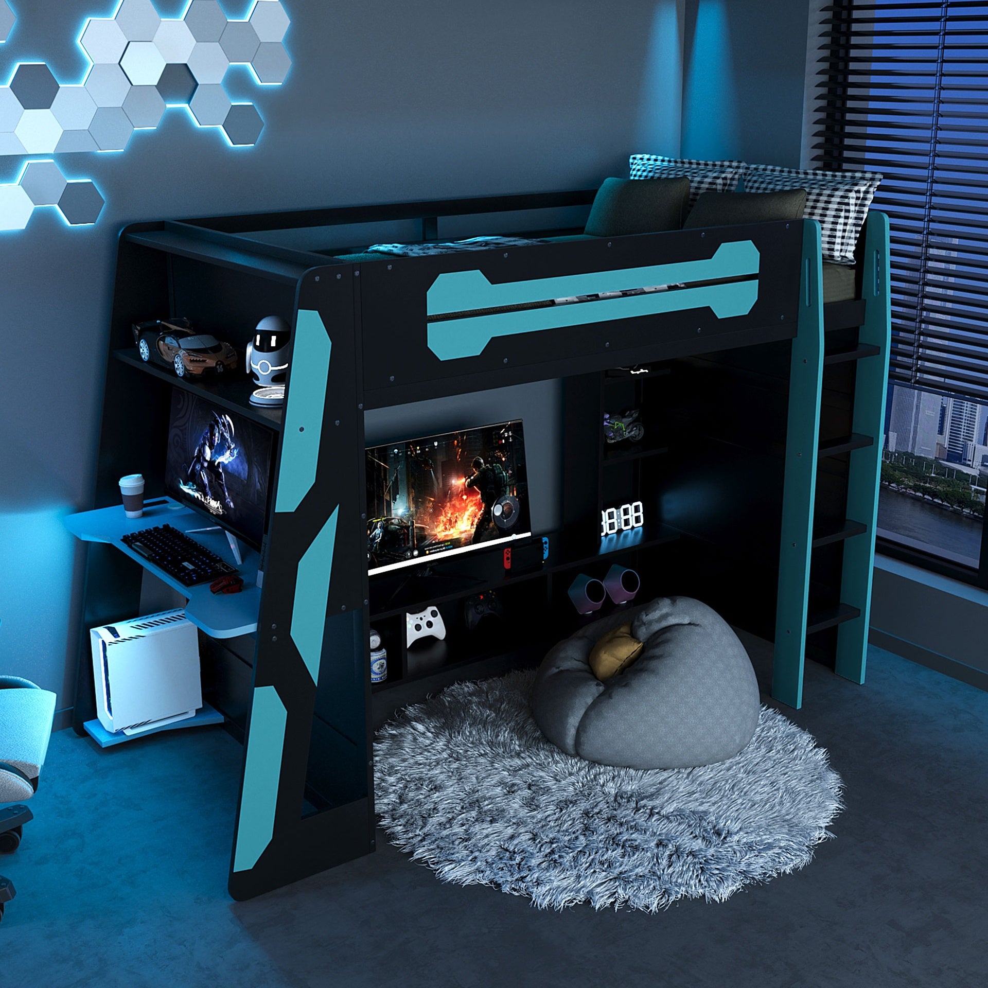 Twin Size Wood Loft Bed with Desk, Multi-storage Shelves and RGB Light, Cloud Blue