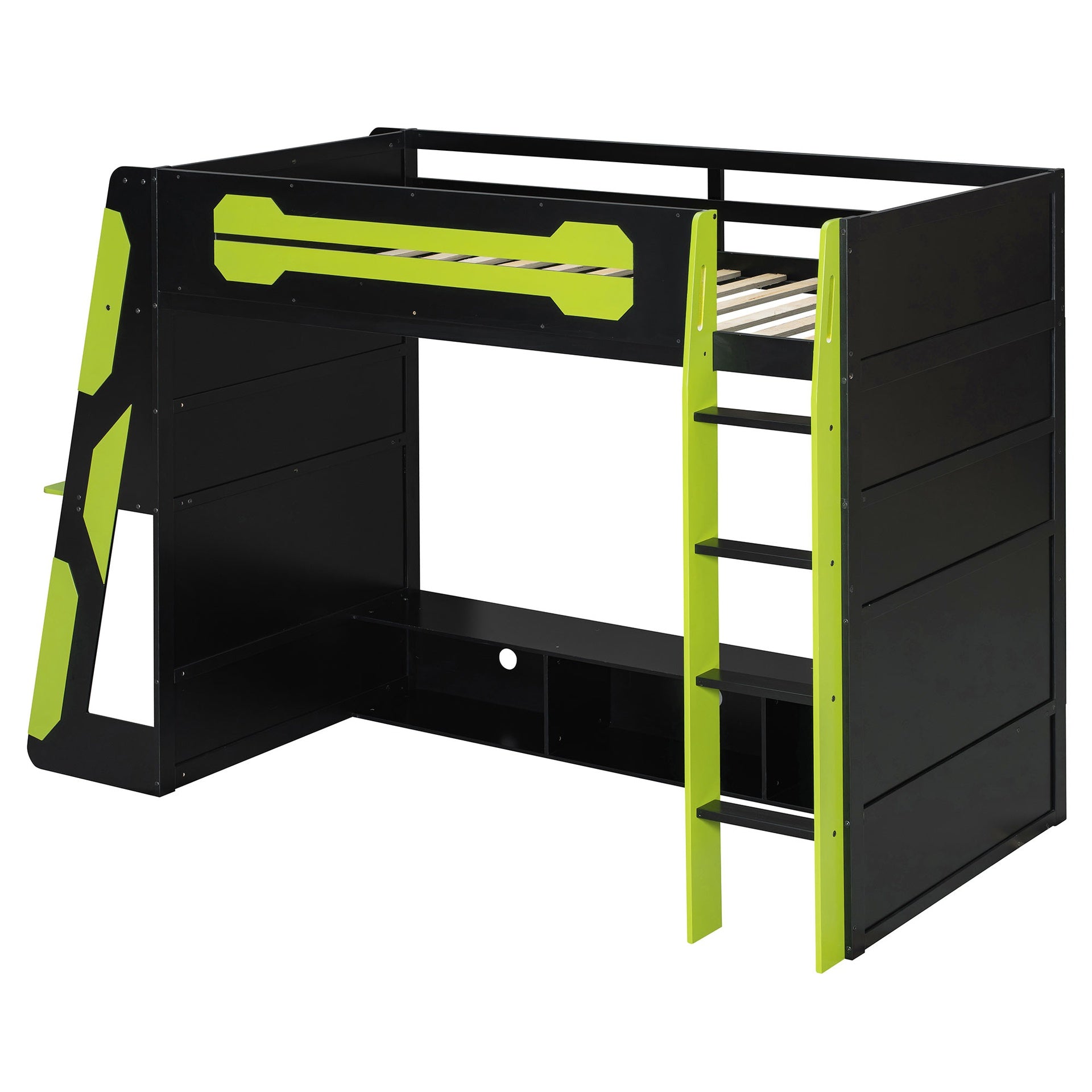 Twin Size Wood Loft Bed with Desk, Multi-storage Shelves and RGB Light, Green