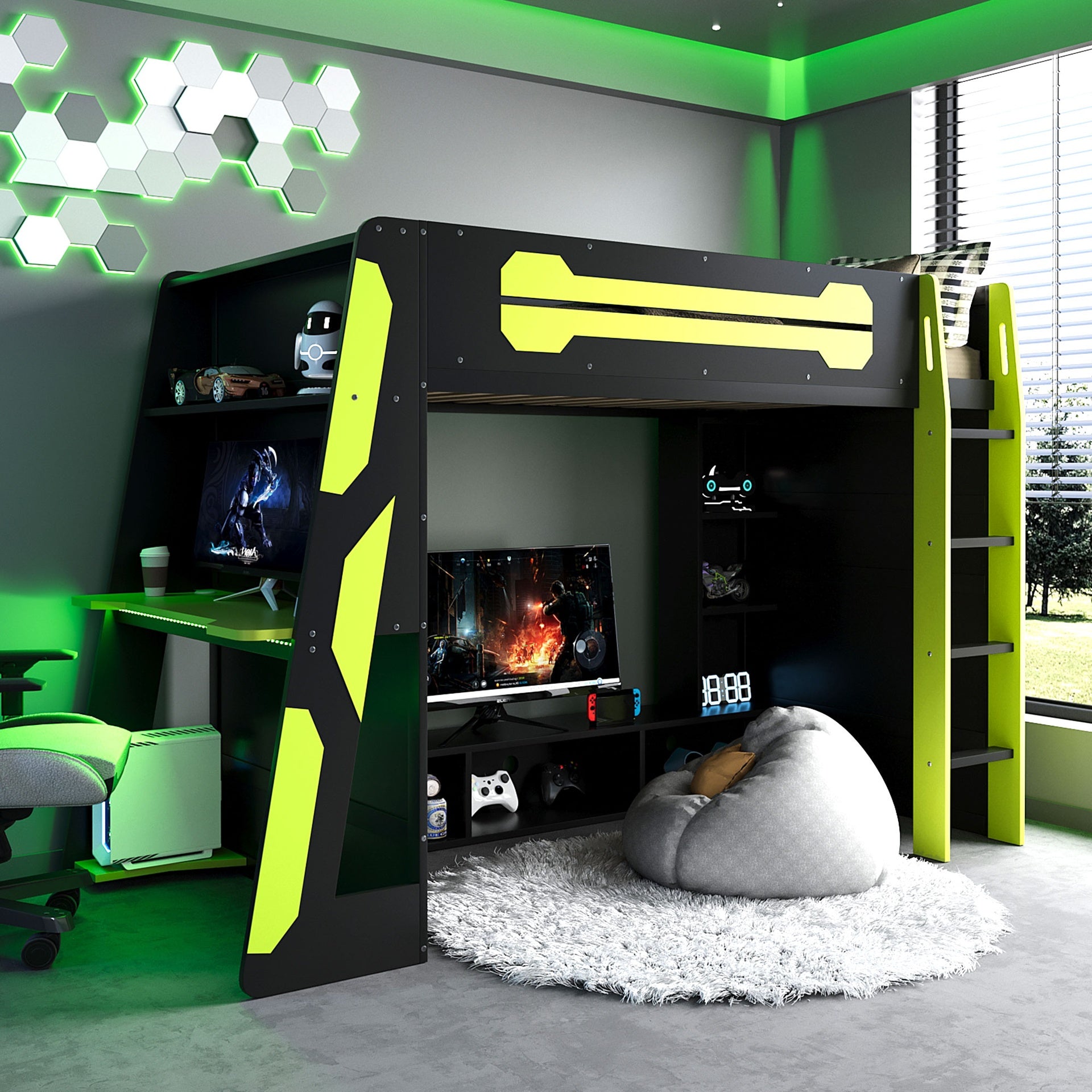 Twin Size Wood Loft Bed with Desk, Multi-storage Shelves and RGB Light, Green