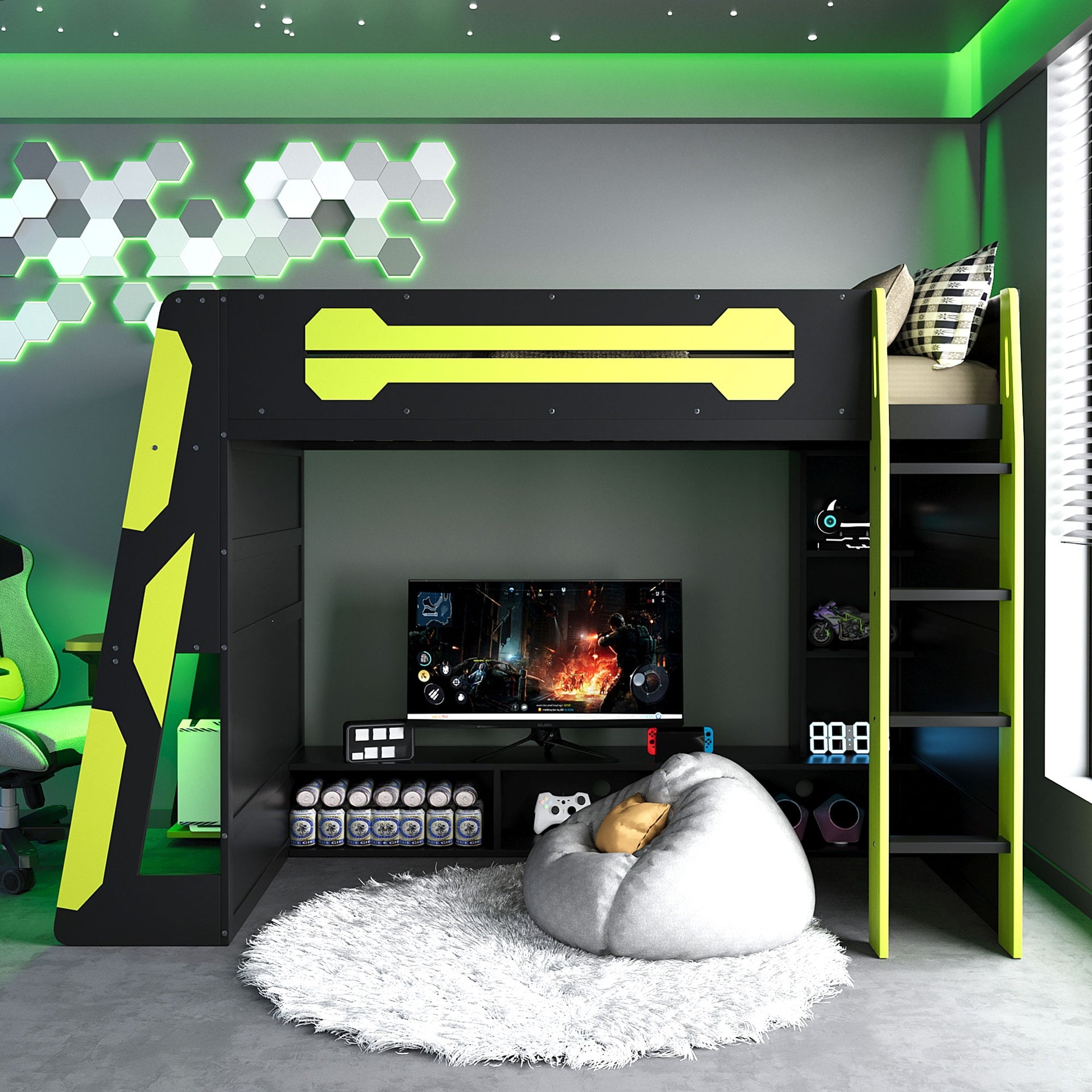 Twin Size Wood Loft Bed with Desk, Multi-storage Shelves and RGB Light, Green
