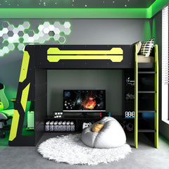 Twin Size Wood Loft Bed with Desk, Multi-storage Shelves and RGB Light, Green