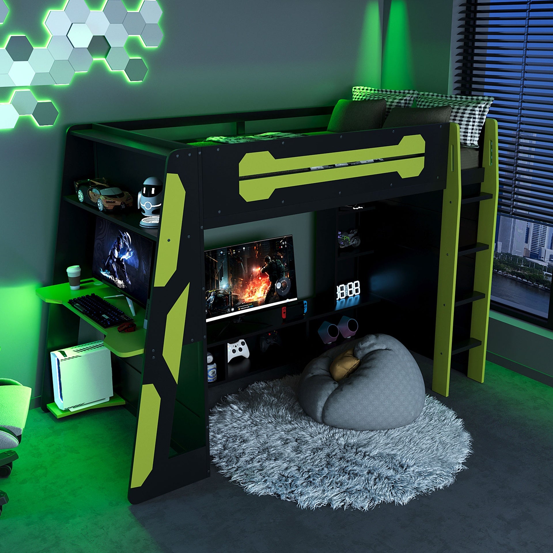 Twin Size Wood Loft Bed with Desk, Multi-storage Shelves and RGB Light, Green