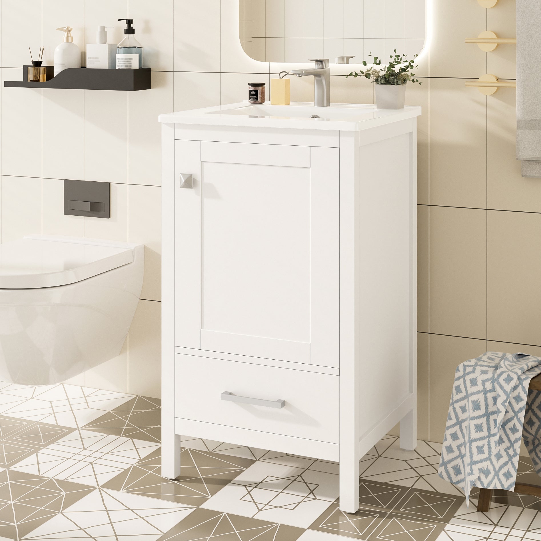20-Inch Modern Bathroom Vanity with Ceramic Sink, Soft-Close Drawer & Door, Double-Layer Door Organizer, Divider Drawer, Adjustable Foot Pads – Space-Saving Storage Design