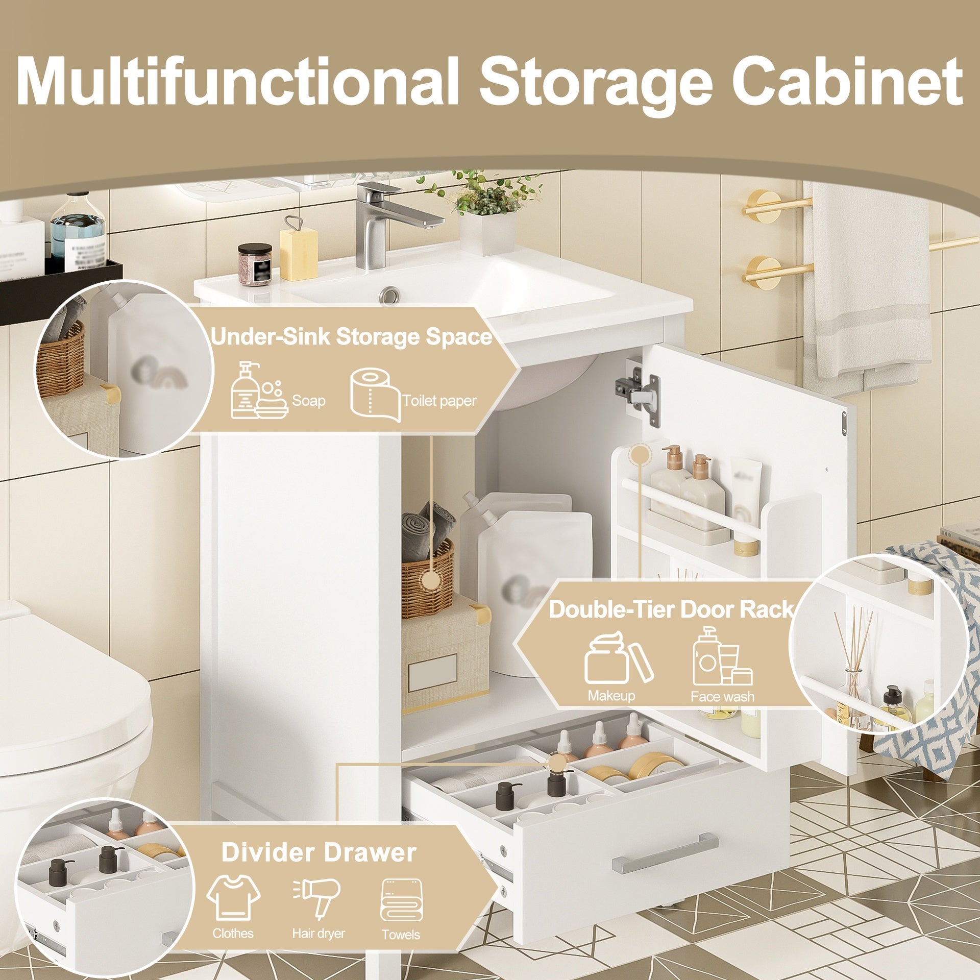 20-Inch Modern Bathroom Vanity with Ceramic Sink, Soft-Close Drawer & Door, Double-Layer Door Organizer, Divider Drawer, Adjustable Foot Pads – Space-Saving Storage Design