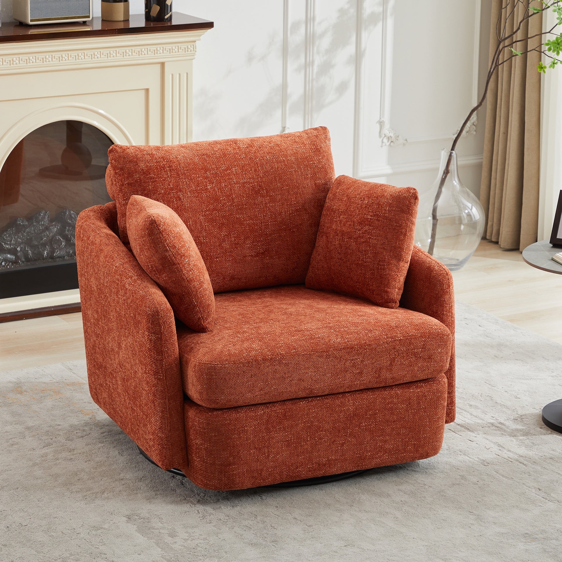 40.55"W Swivel Accent Chair With 2 Thorw Pillows 360 Degree Swivel Round Sofa Modern Oversized Arm Chair Cozy Club Chair for Bedroom Living Room Lounge Hotel,Orange Chenille
