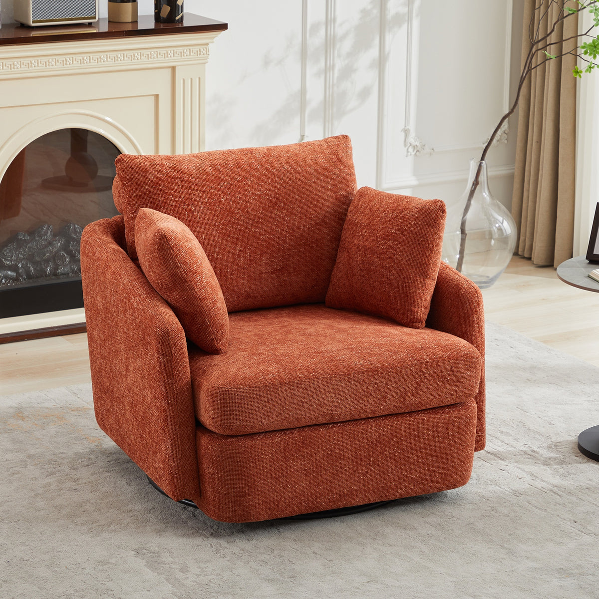 40.55"W Swivel Accent Chair With 2 Thorw Pillows 360 Degree Swivel Round Sofa Modern Oversized Arm Chair Cozy Club Chair for Bedroom Living Room Lounge Hotel,Orange Chenille