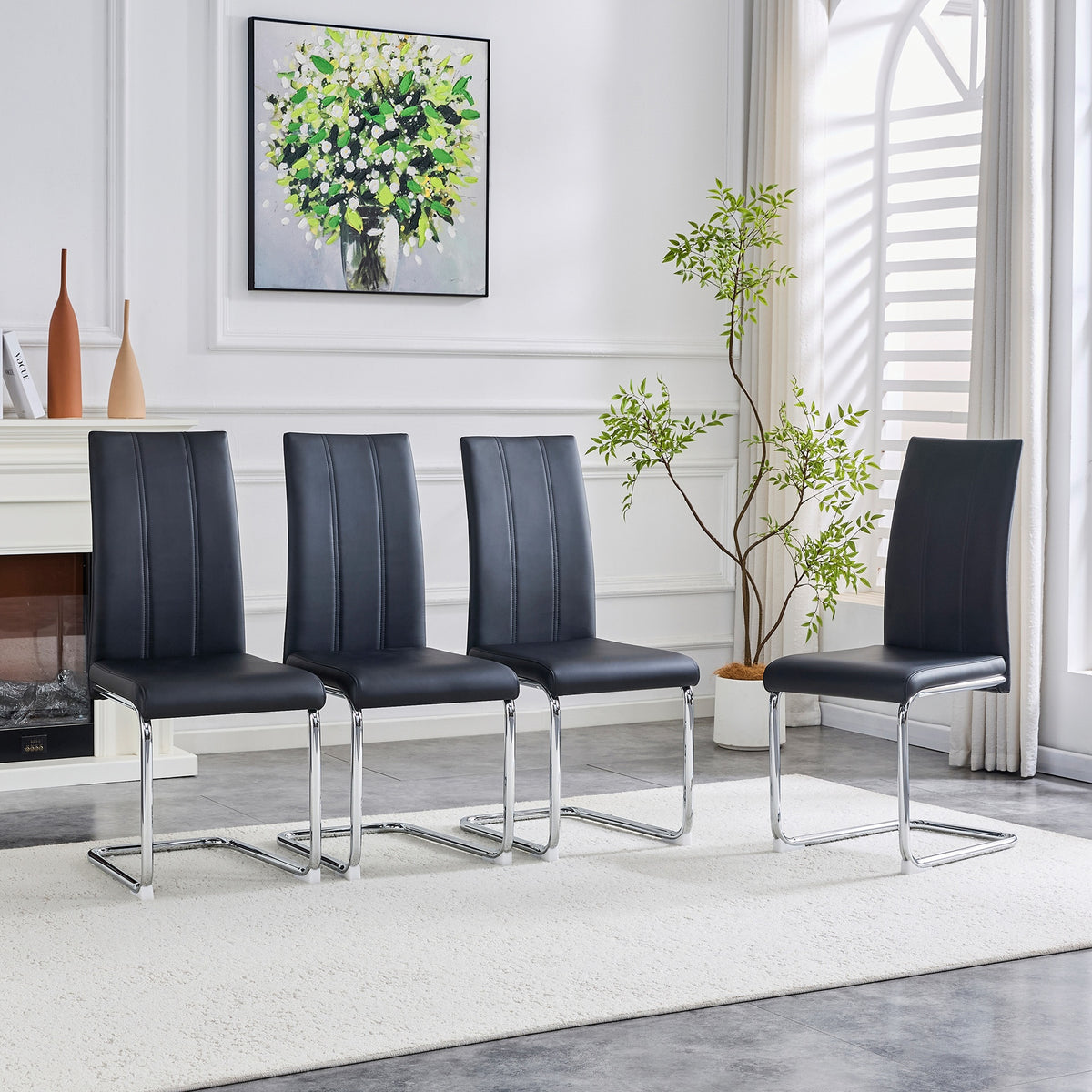 4-Pack Black PU Upholstered Dining Chairs - Modern High-Back Side Chairs with Sturdy Chrome-Plated Iron Tube Legs for Dining Room, Kitchen & Living Room