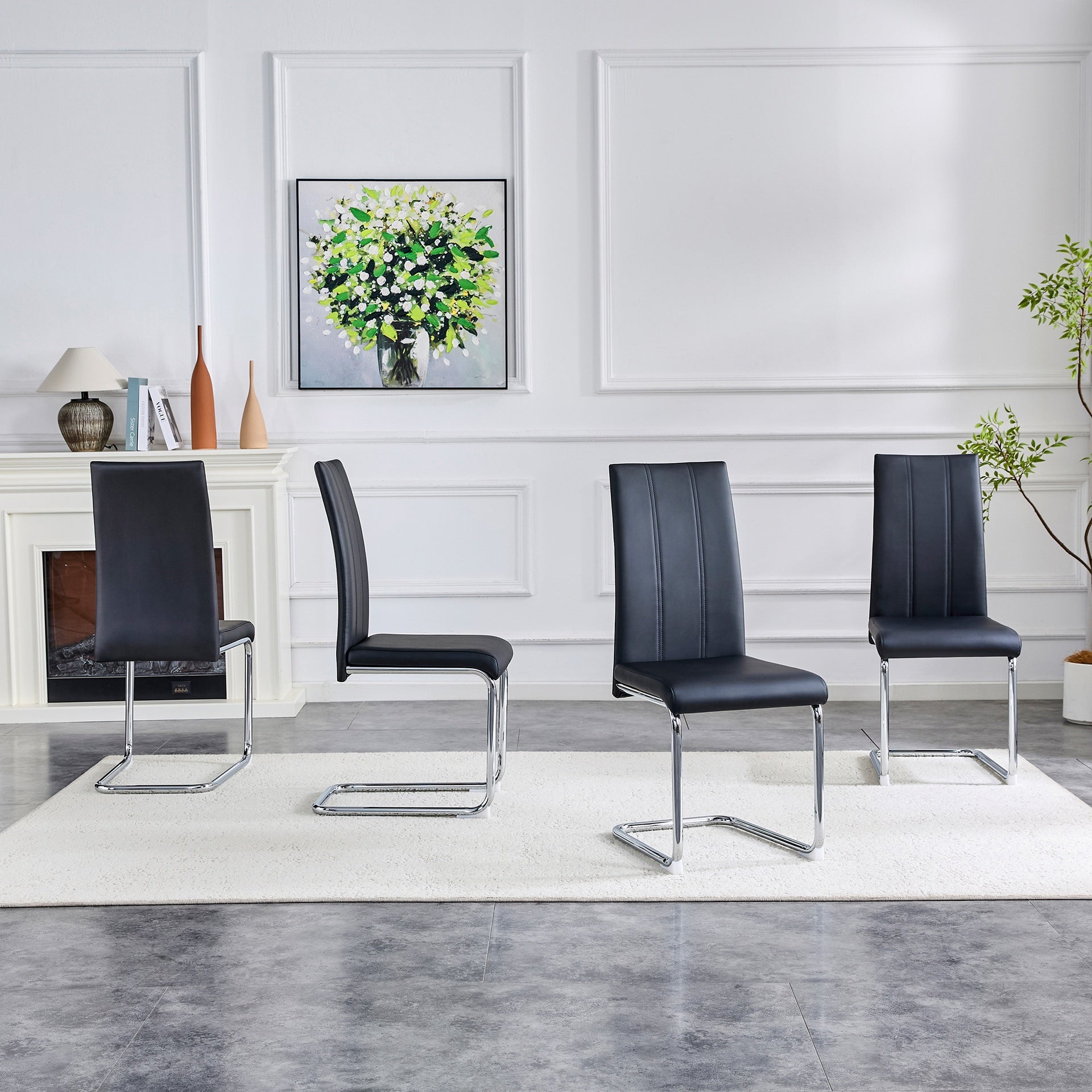 4-Pack Black PU Upholstered Dining Chairs - Modern High-Back Side Chairs with Sturdy Chrome-Plated Iron Tube Legs for Dining Room, Kitchen & Living Room