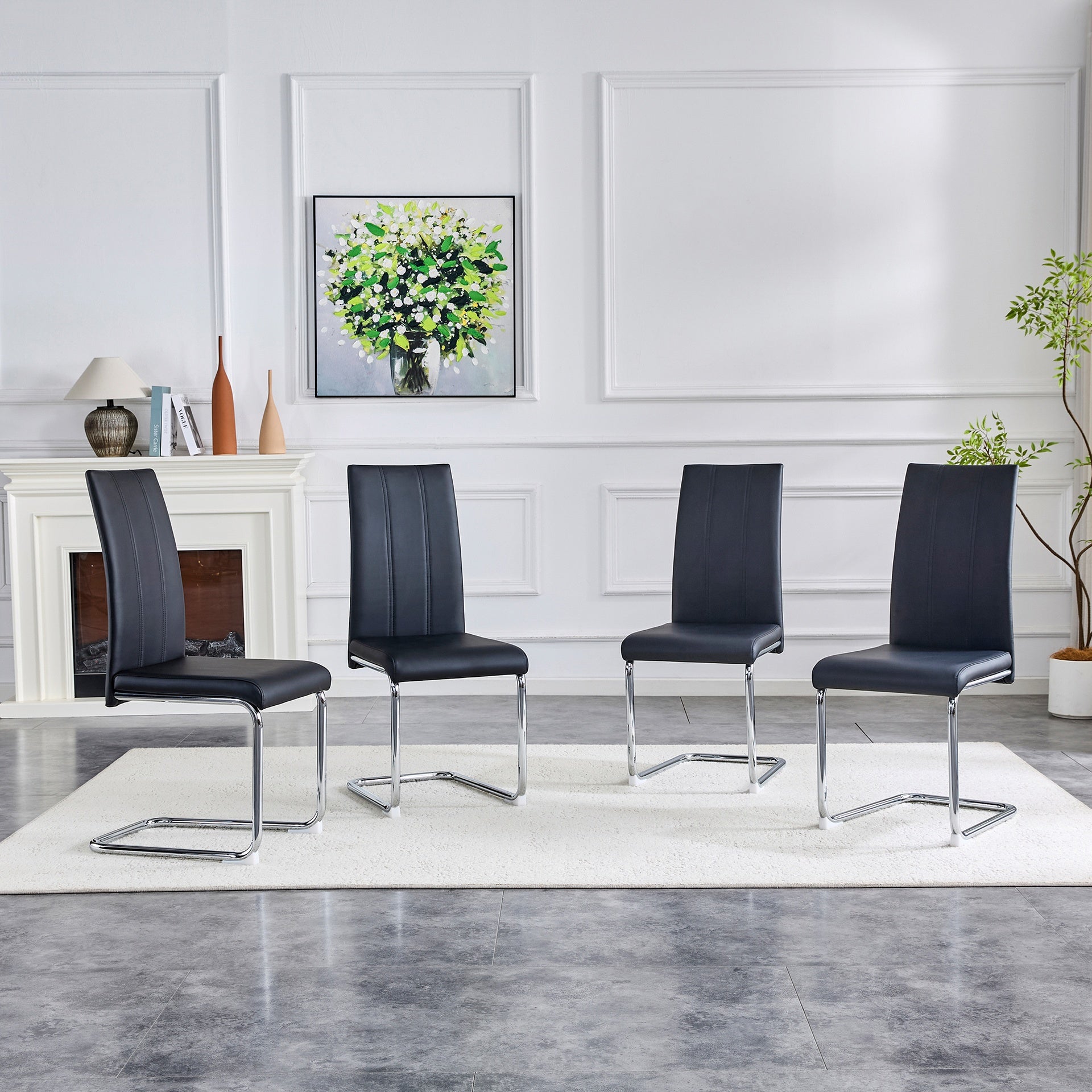 4-Pack Black PU Upholstered Dining Chairs - Modern High-Back Side Chairs with Sturdy Chrome-Plated Iron Tube Legs for Dining Room, Kitchen & Living Room