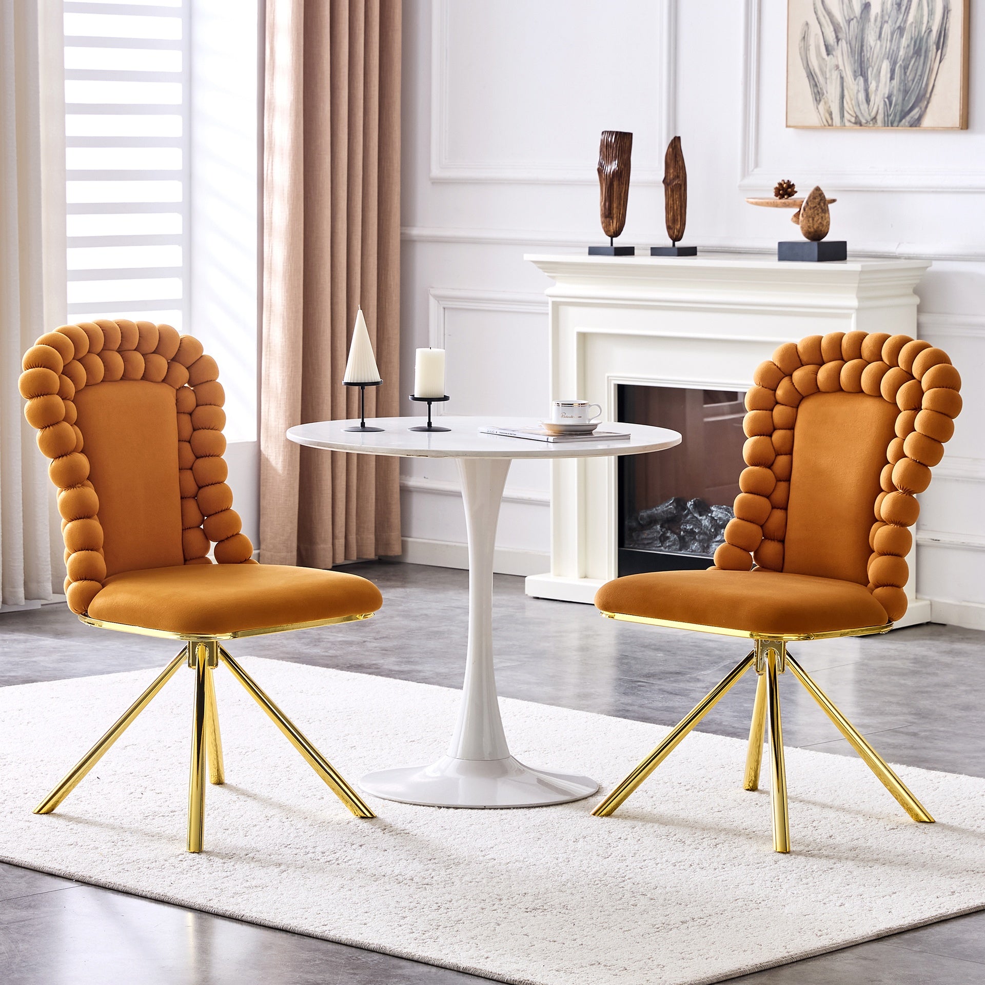 Set of 2 Orange Puffy Bubble Chair Ball Chain Chair Velvet Dining Chairs with Gold Legs, Modern Upholstered Accent Chairs for Dining Room & Kitchen
