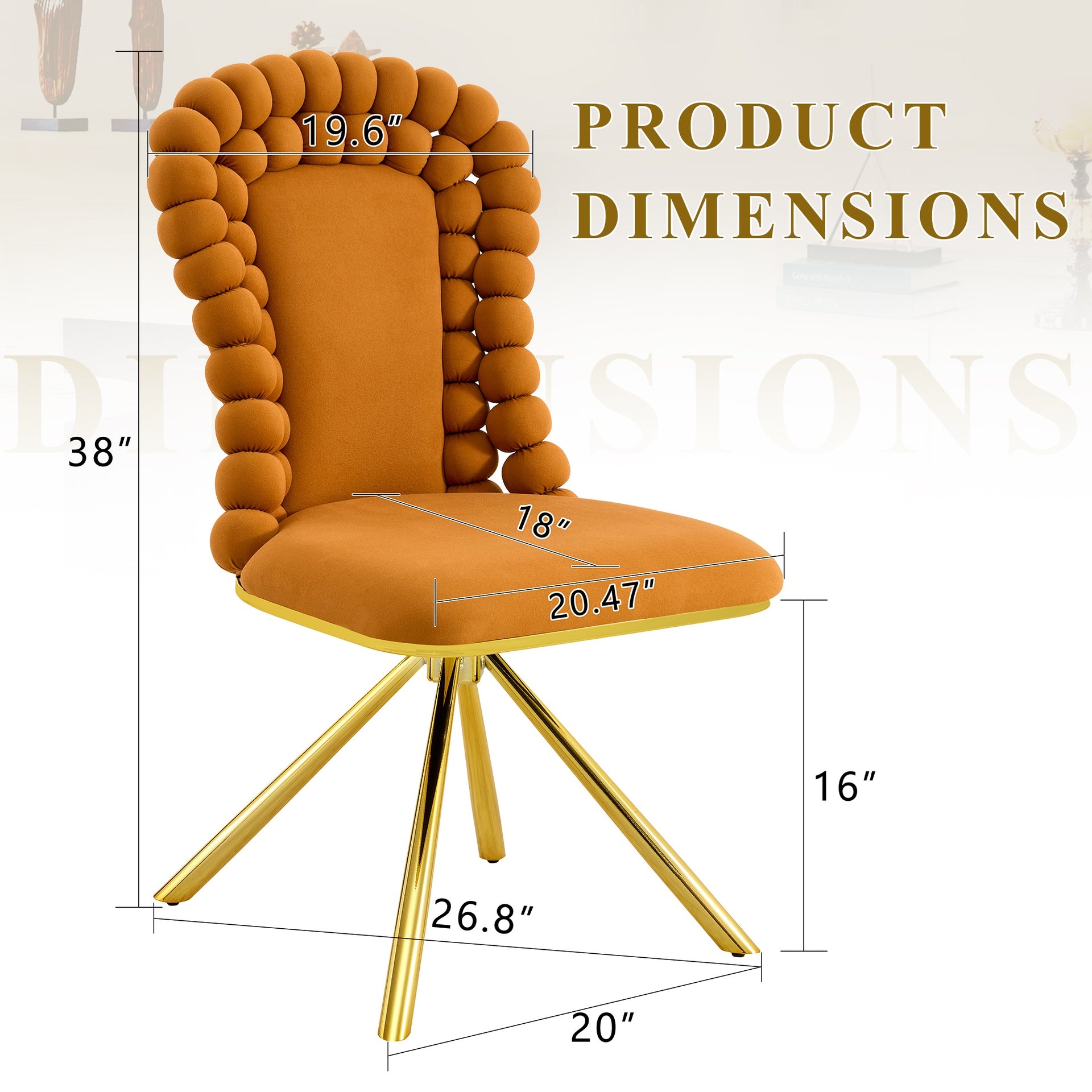 Set of 2 Orange Puffy Bubble Chair Ball Chain Chair Velvet Dining Chairs with Gold Legs, Modern Upholstered Accent Chairs for Dining Room & Kitchen