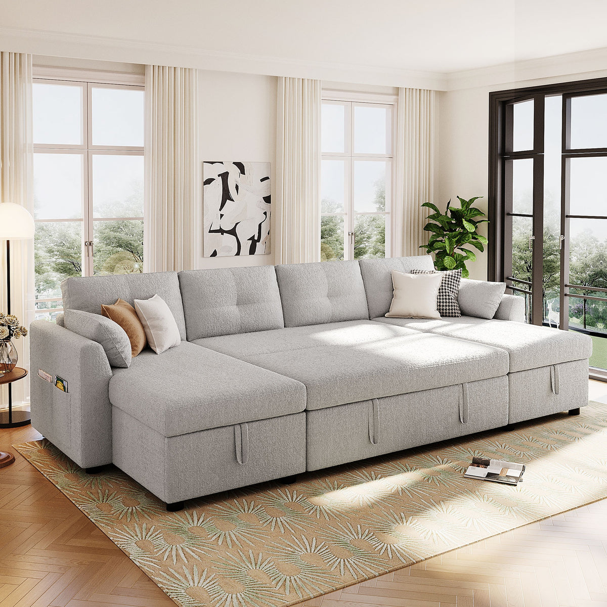 Modern Sectional Sofa U-shaped Sleeper Sofa 107" Sofa Bed with Ample Storage Space and USB ports for Living Room, Grey