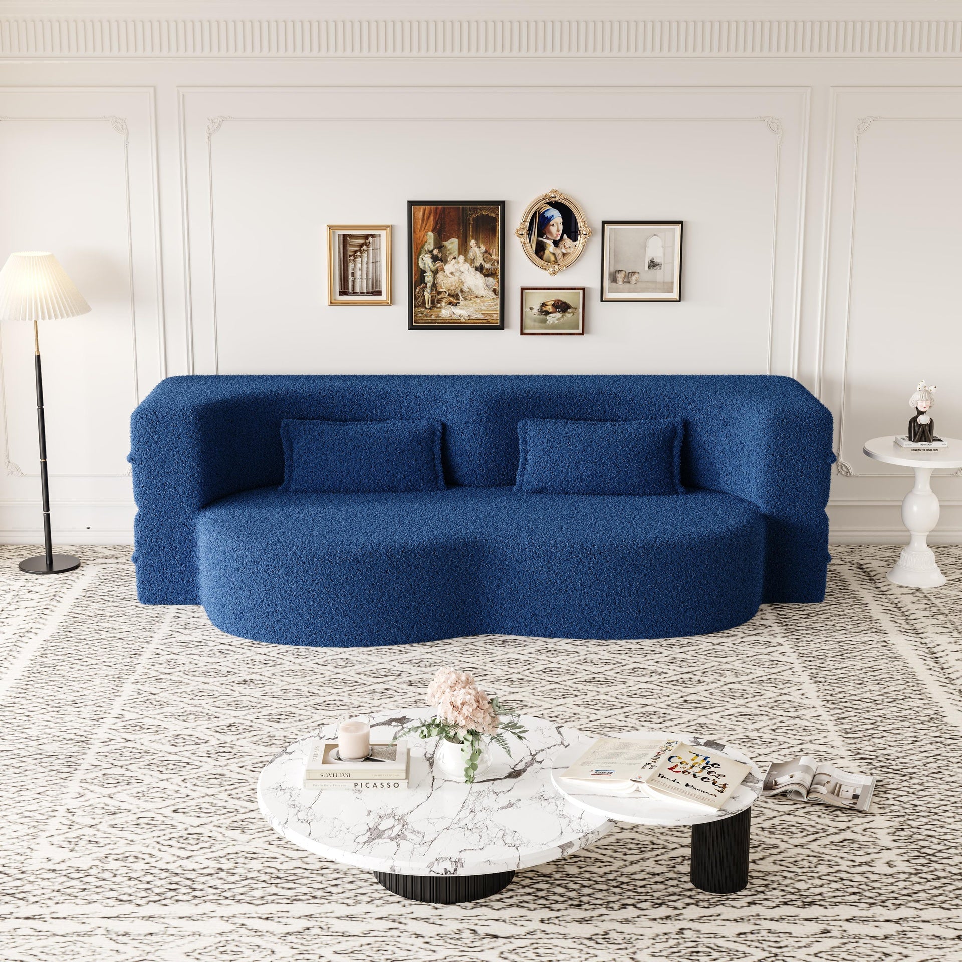 Modern Floor Sofa with 2 Pillows,Convertible Teddy Fabric Foam-Filled Sleeper Sofa Bed,15" Full Size Folding Mattress for Living Room,Guest Bed,Playroom,no assembly required,Blue