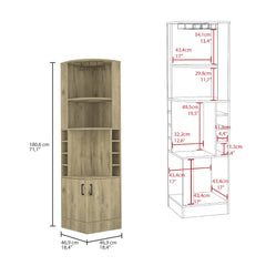Syrah Corner Bar Cabinet, Eight Bottle Cubbies, Double Door, Two Open Shelves Macadamia
