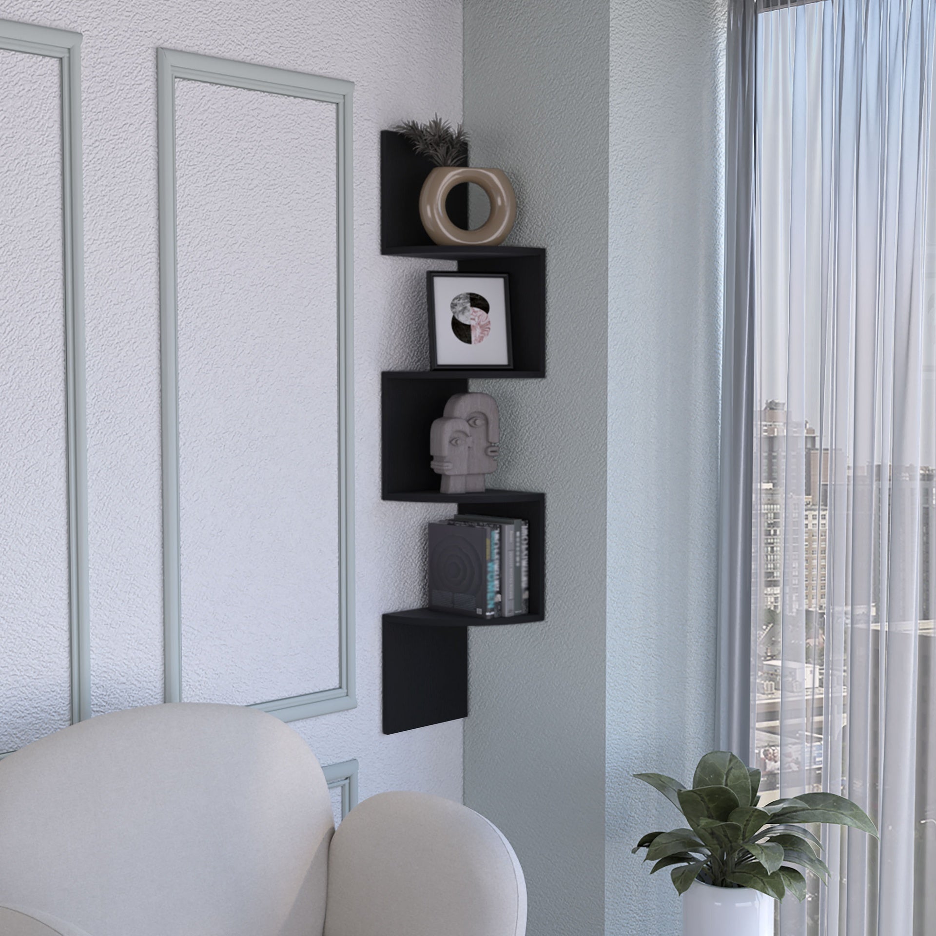 Rosset Corner Shelf, Modern Full-Wall Design with Multiple Shelving