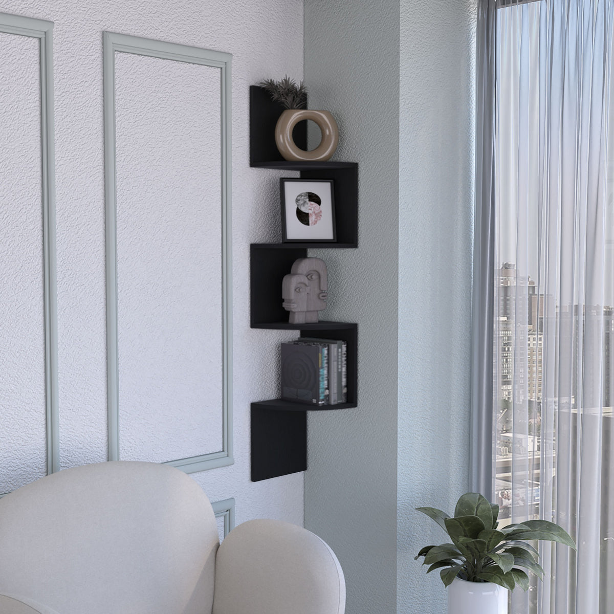 Rosset Corner Shelf, Modern Full-Wall Design with Multiple Shelving