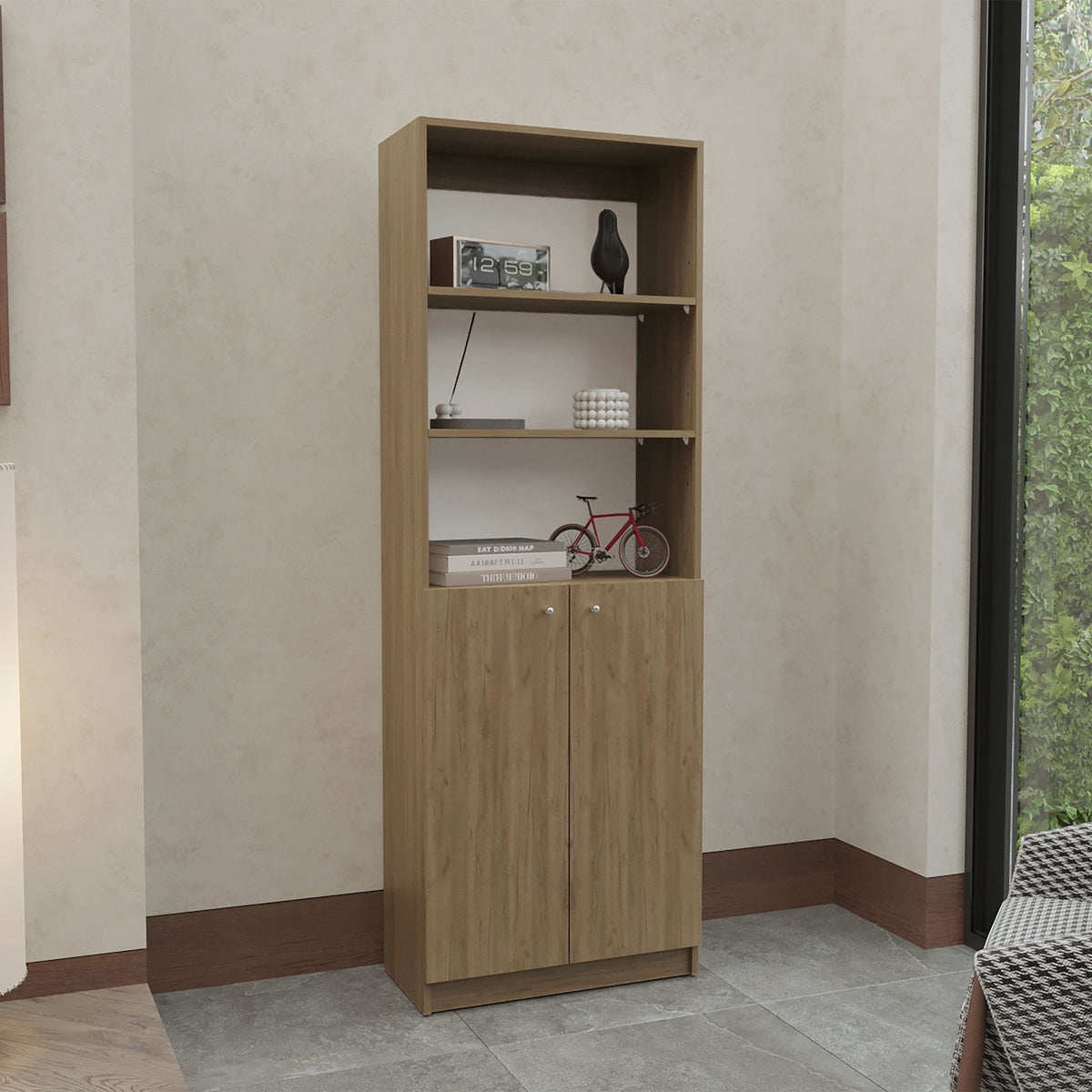 Home 2-Door Bookcase, Modern Storage Unit With Dual Doors And Multi-Tier Shelves Beige
