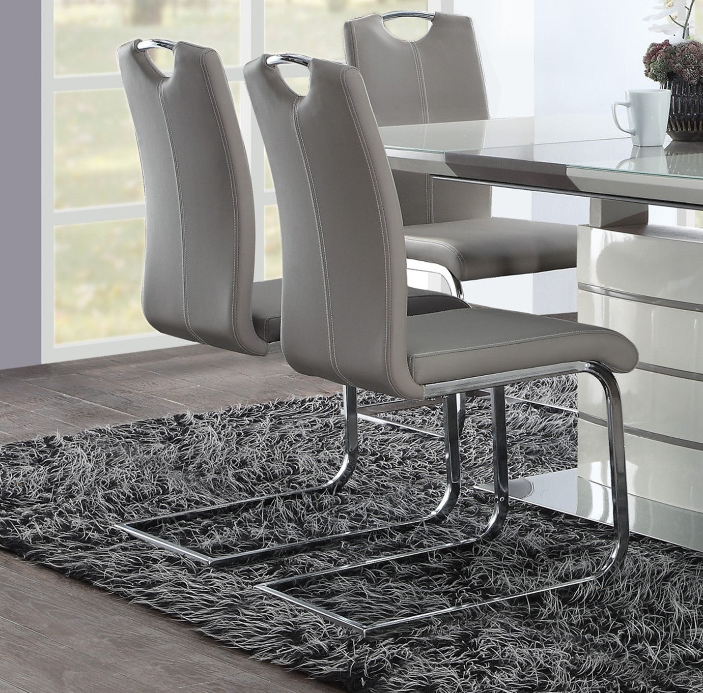 Modern Sleek Design 5pc Dining Set Table with Self-Storing Leaf and 4x Side Chairs Metal Frame Contemporary Dining Room Furniture