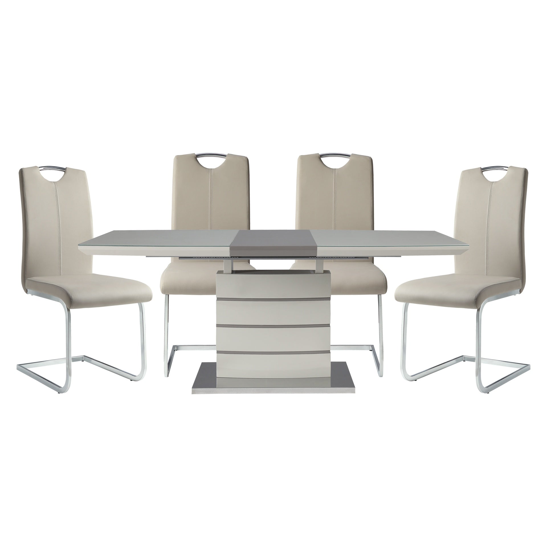 Modern Sleek Design 5pc Dining Set Table with Self-Storing Leaf and 4x Side Chairs Metal Frame Contemporary Dining Room Furniture